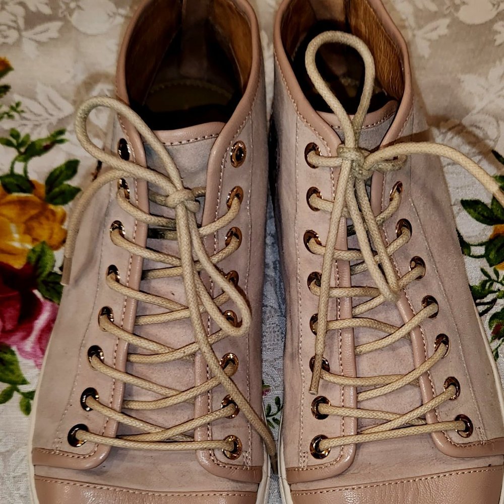 Pink Elaine Turner Leather and Suede sneakers with embroidered flowers